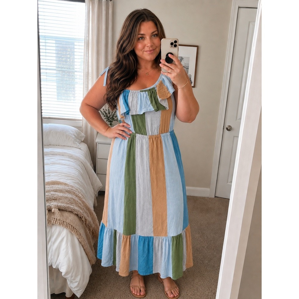 Lauren Conrad Tiered Maxi Dress XXL Stripe‎ One Shoulder Cottage Coastal Boho